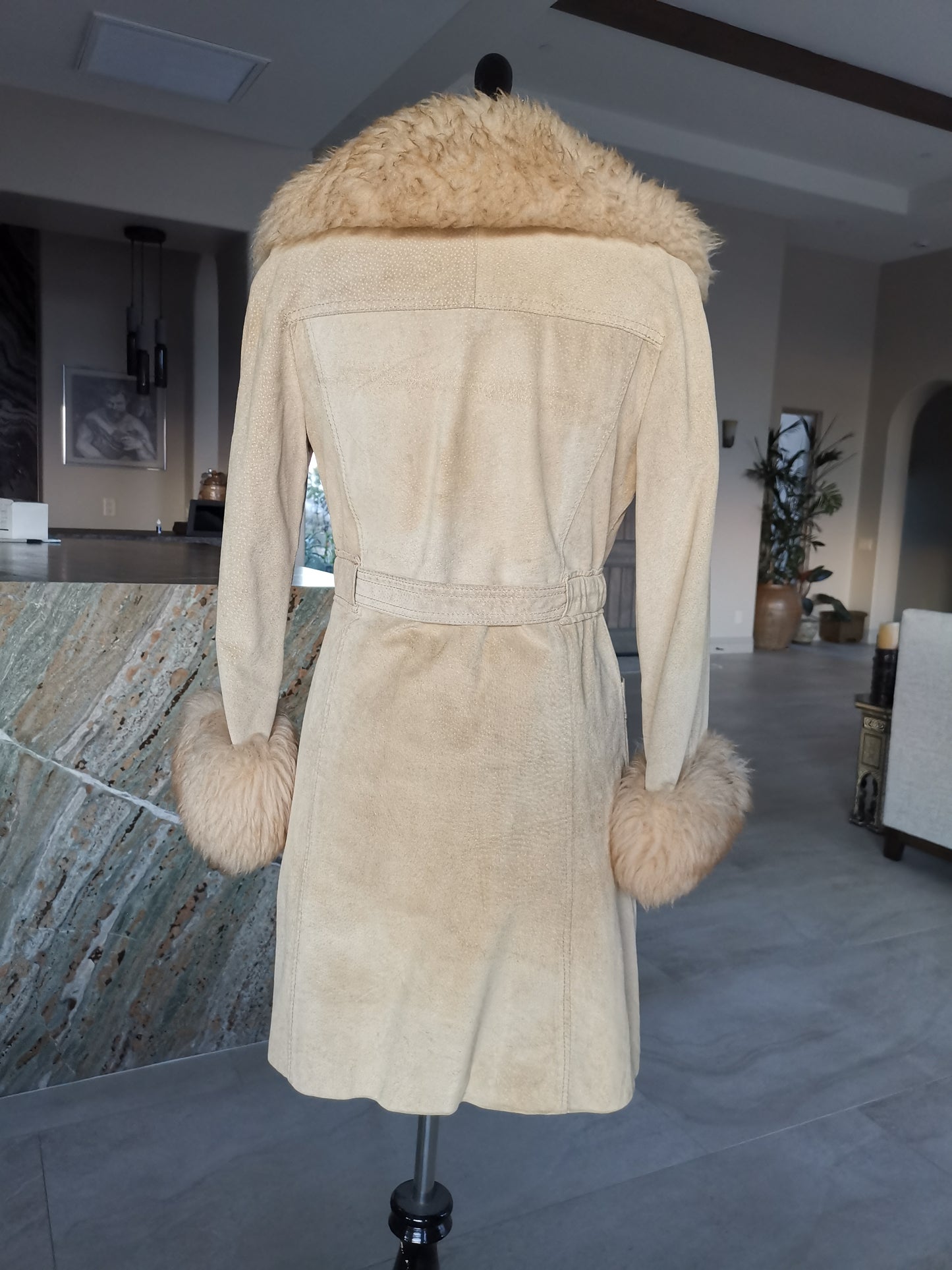 70's Glam massive lamb fur collar tan suede belted/wrap trimmed double breasted Coat sz Small/Med
