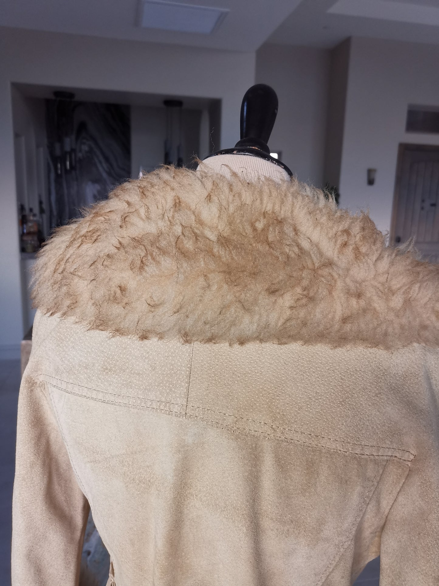 70's Glam massive lamb fur collar tan suede belted/wrap trimmed double breasted Coat sz Small/Med