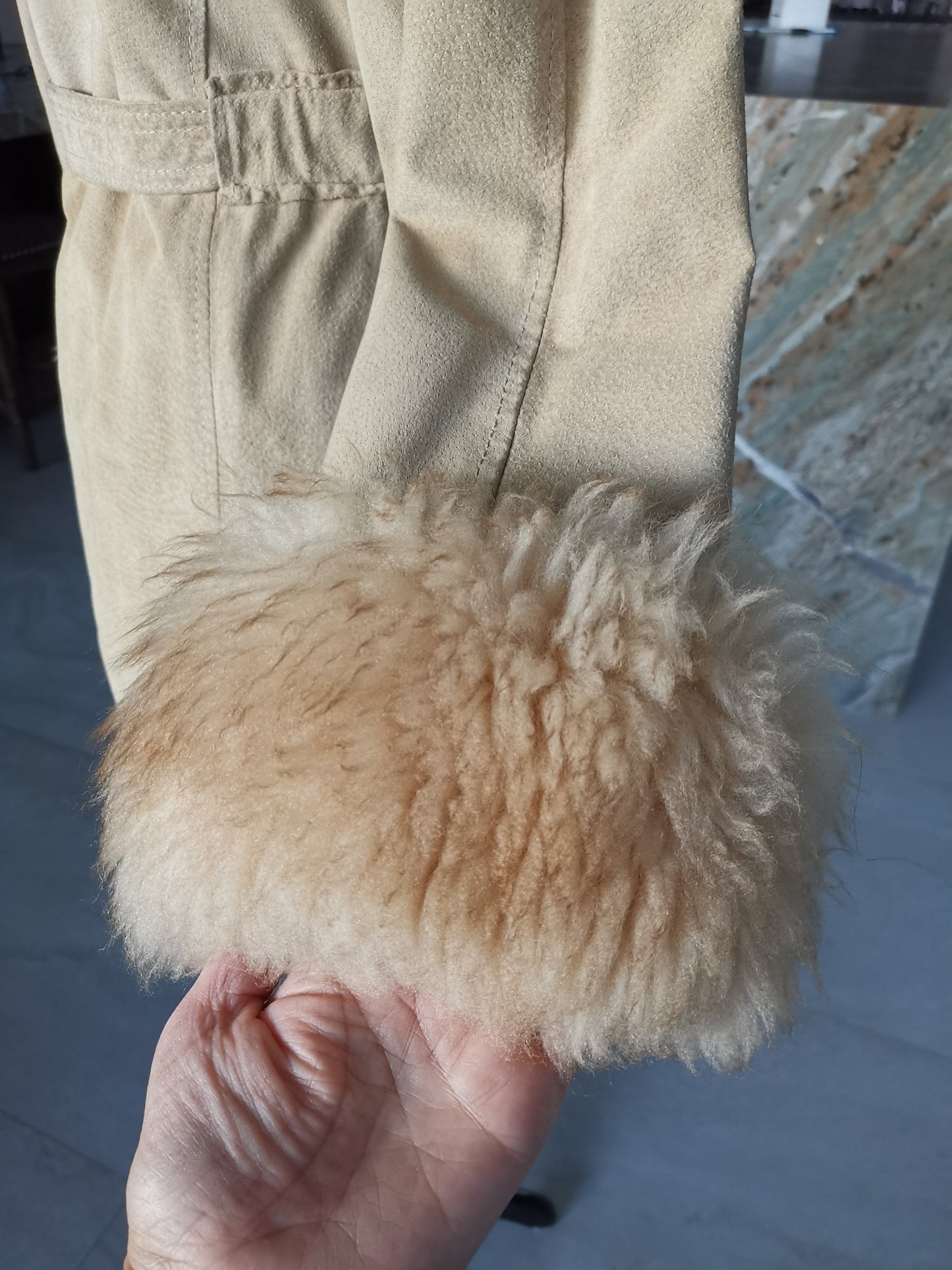 70's Glam massive lamb fur collar tan suede belted/wrap trimmed double breasted Coat sz Small/Med