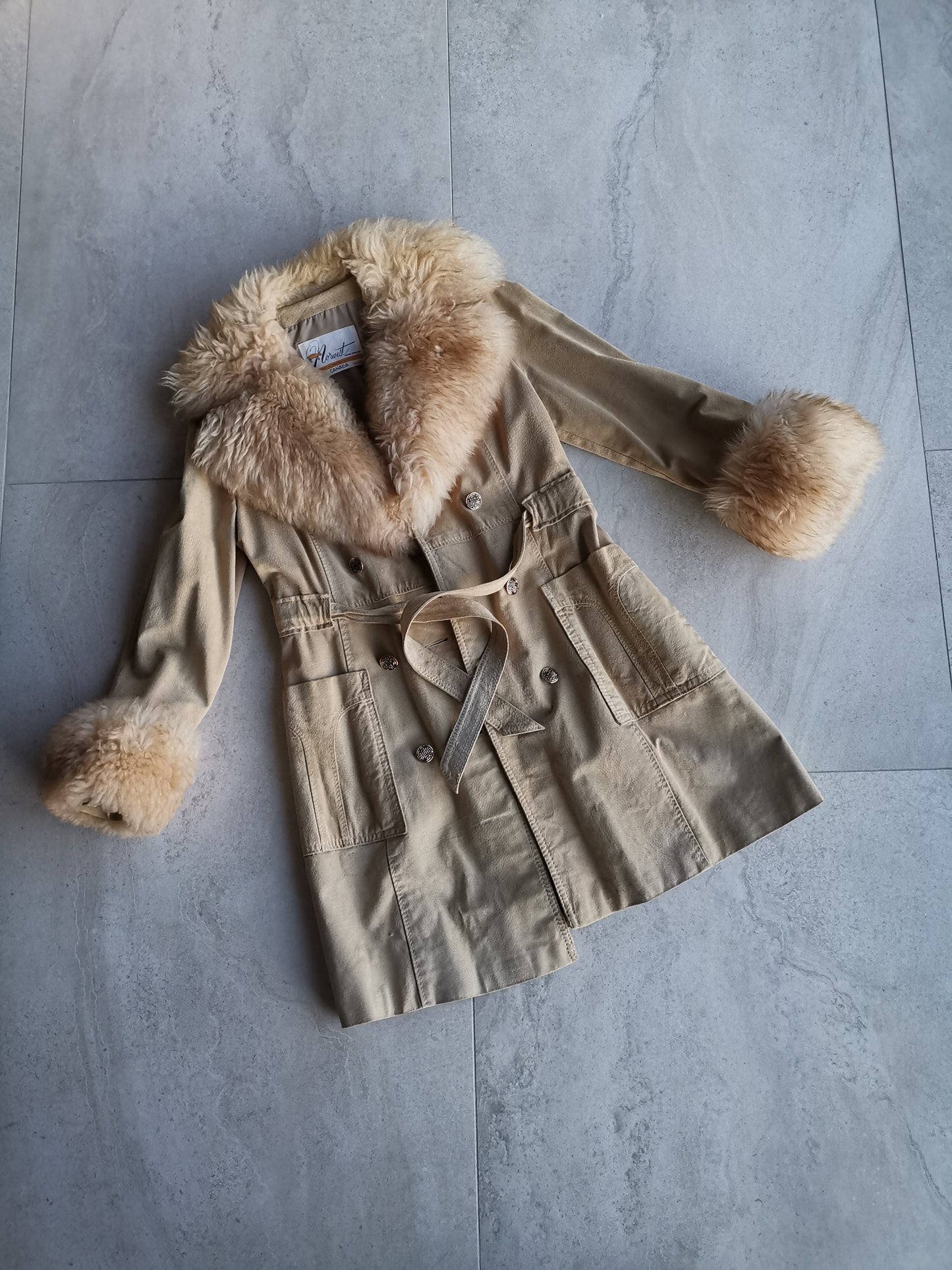 70's Glam massive lamb fur collar tan suede belted/wrap trimmed double breasted Coat sz Small/Med