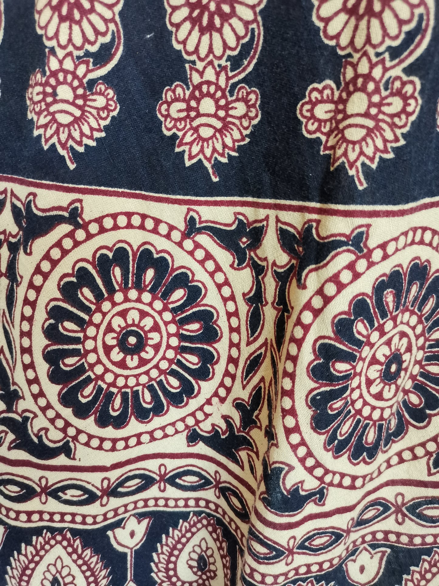 Beautiful Pakistani Paisley flowers/burgundy/black/tan Block print wrap around midi cotton skirt from the 70's 80's S/M/L