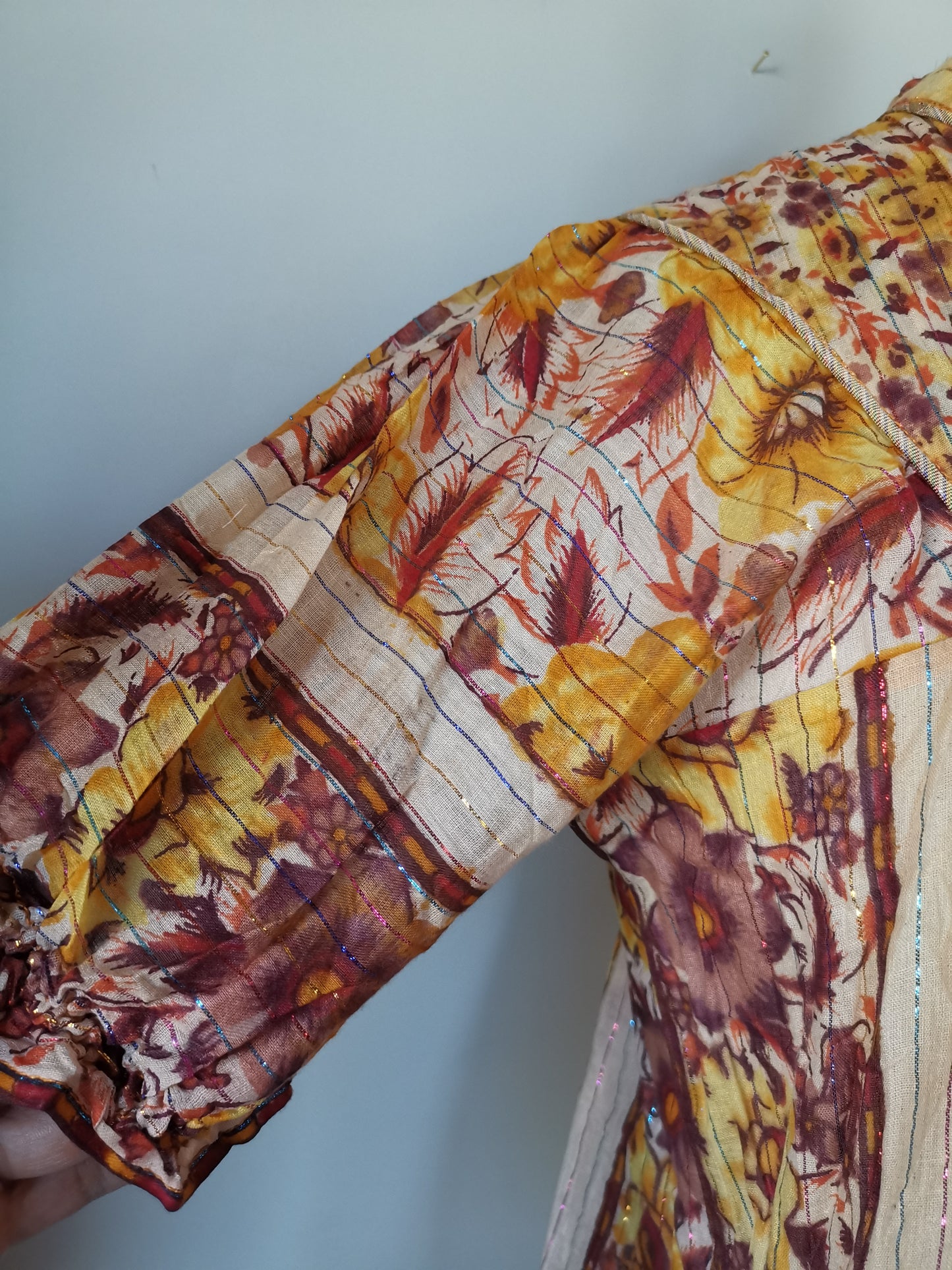 Earthy India yellow/maroon/red/orange Sheer thin cotton gauzy rainbow metallic lurex floral block print short slv tent mini dress S/M