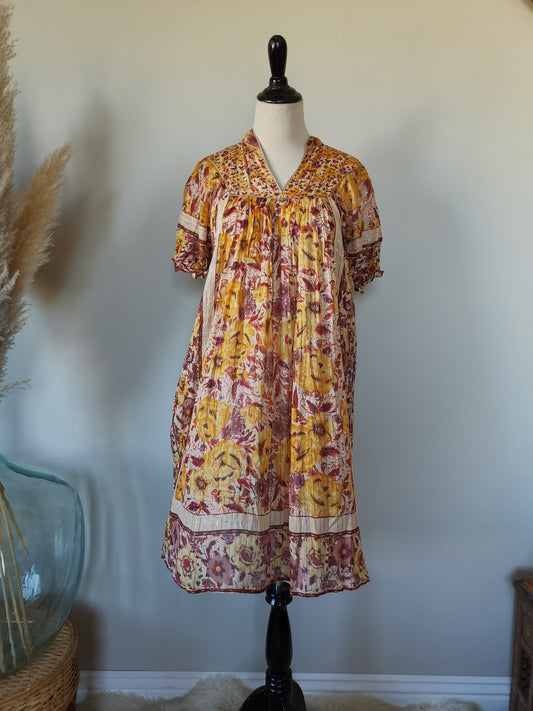 Earthy India yellow/maroon/red/orange Sheer thin cotton gauzy rainbow metallic lurex floral block print short slv tent mini dress S/M