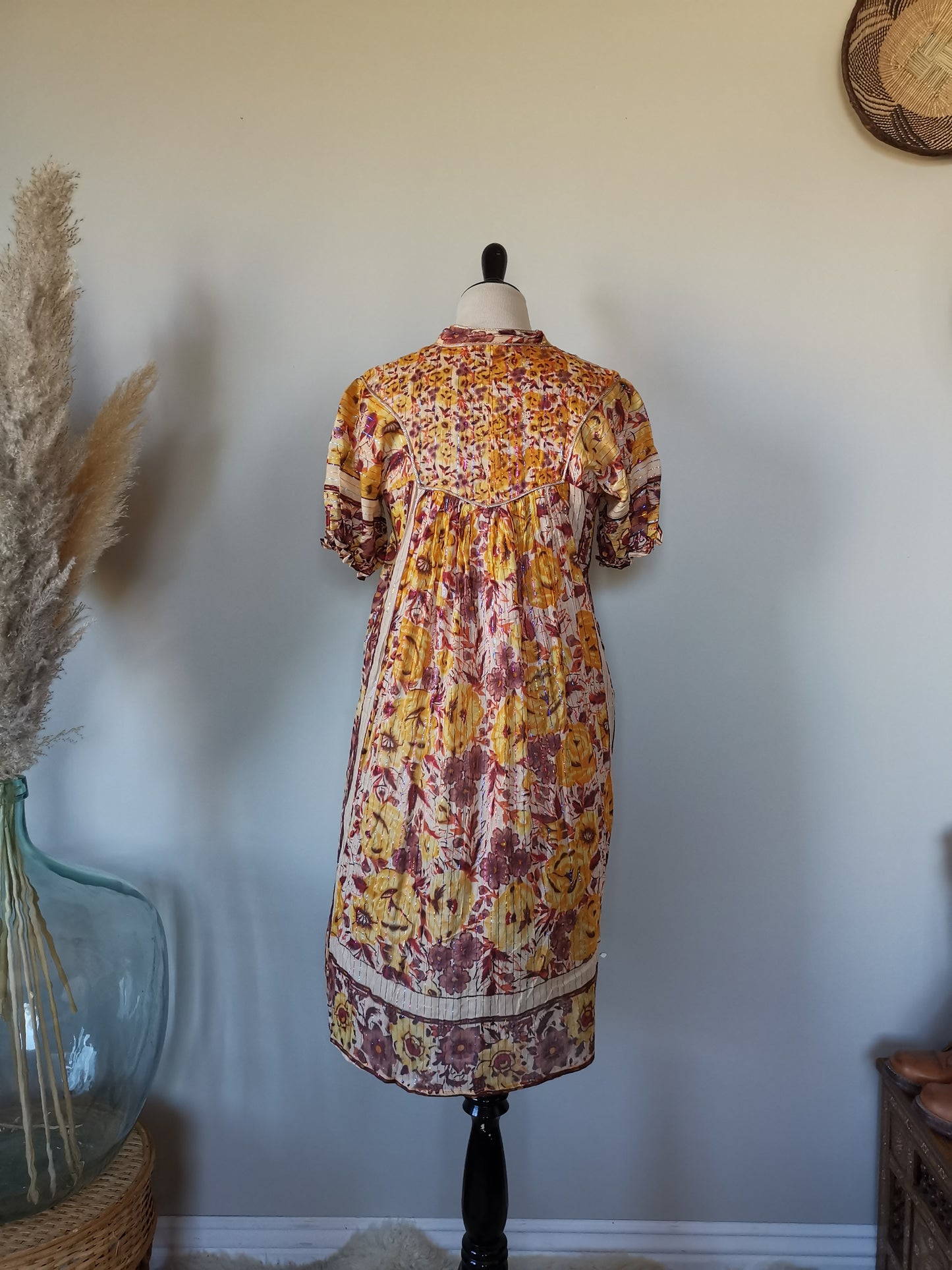 Earthy India yellow/maroon/red/orange Sheer thin cotton gauzy rainbow metallic lurex floral block print short slv tent mini dress S/M