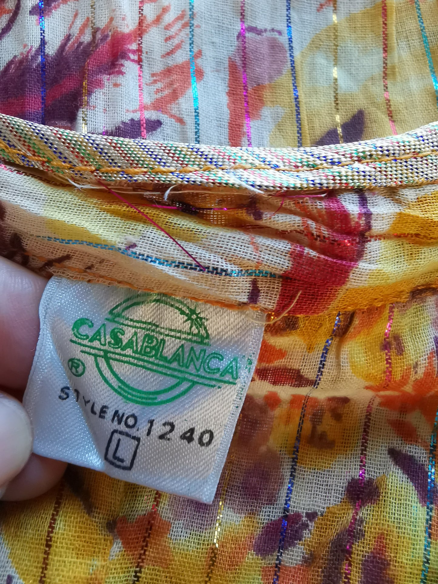 Earthy India yellow/maroon/red/orange Sheer thin cotton gauzy rainbow metallic lurex floral block print short slv tent mini dress S/M