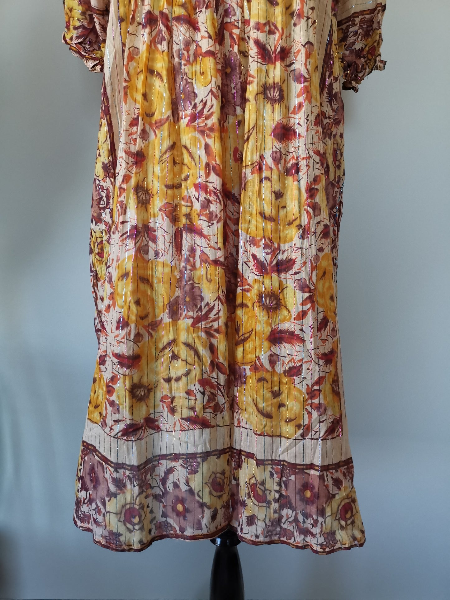 Earthy India yellow/maroon/red/orange Sheer thin cotton gauzy rainbow metallic lurex floral block print short slv tent mini dress S/M