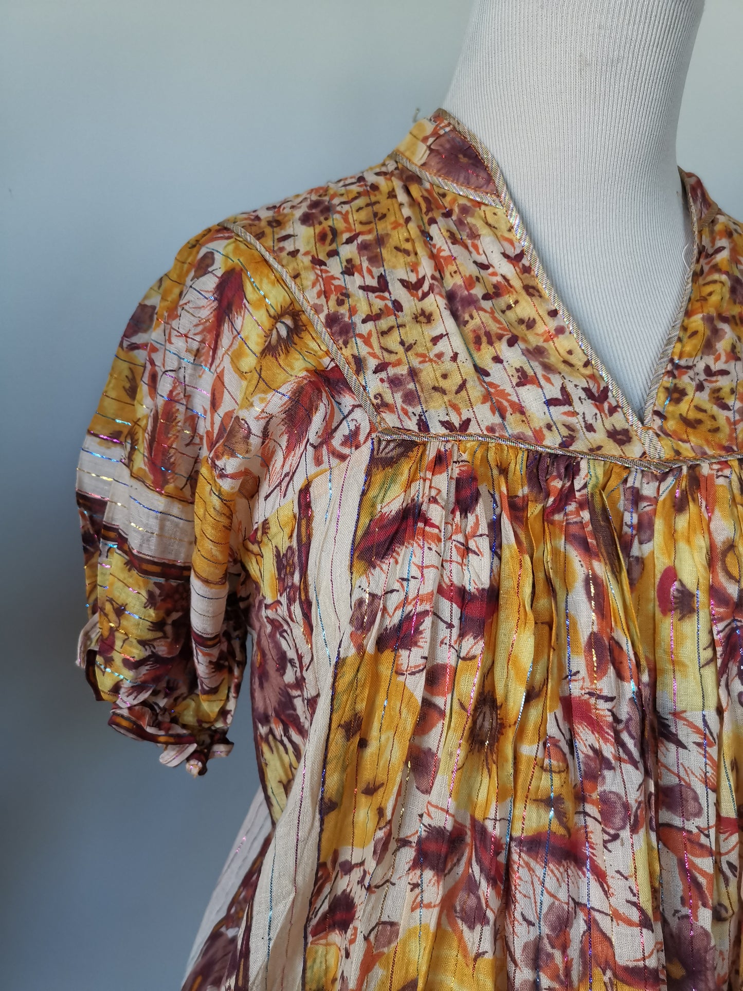 Earthy India yellow/maroon/red/orange Sheer thin cotton gauzy rainbow metallic lurex floral block print short slv tent mini dress S/M