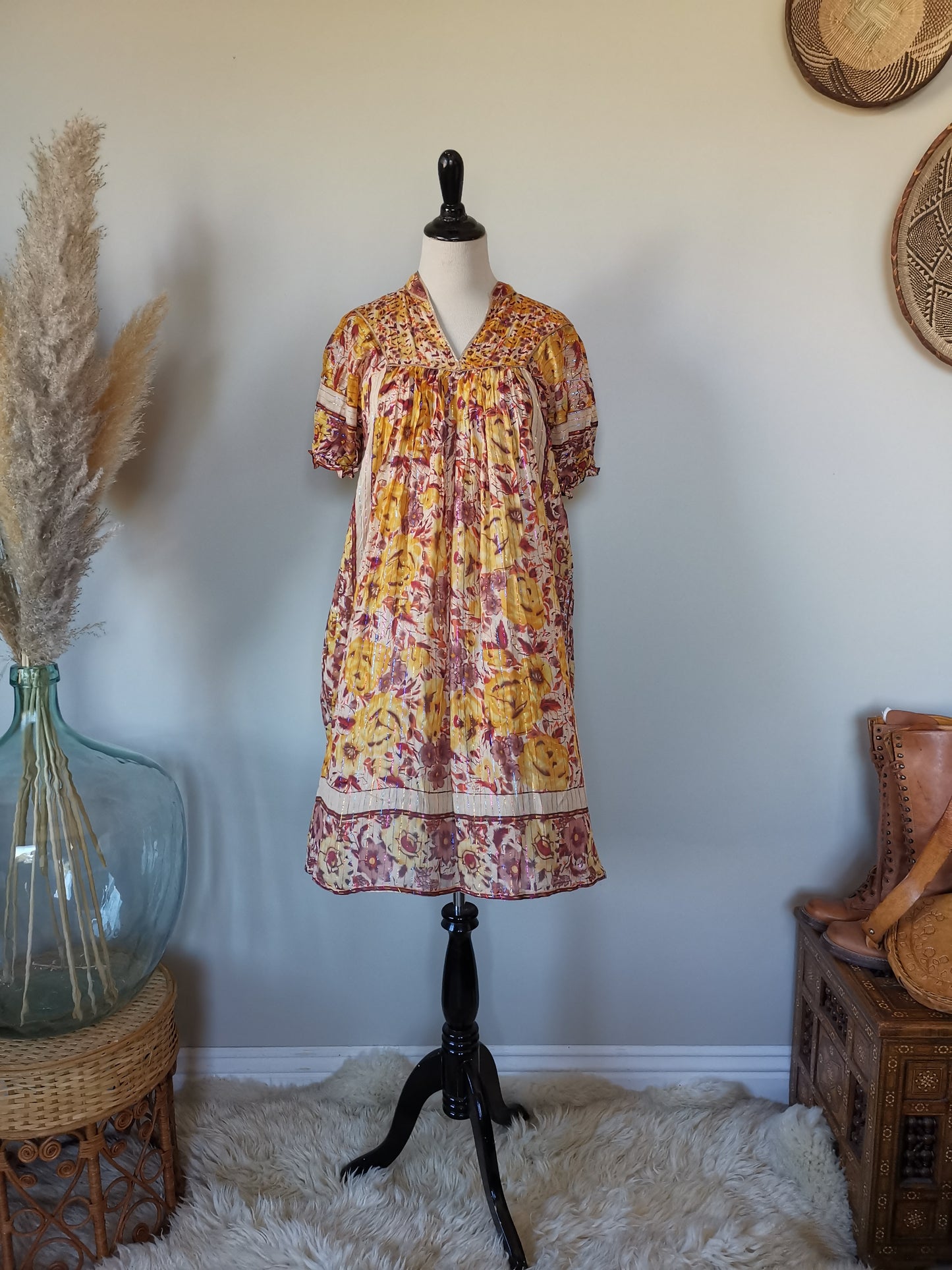 Earthy India yellow/maroon/red/orange Sheer thin cotton gauzy rainbow metallic lurex floral block print short slv tent mini dress S/M
