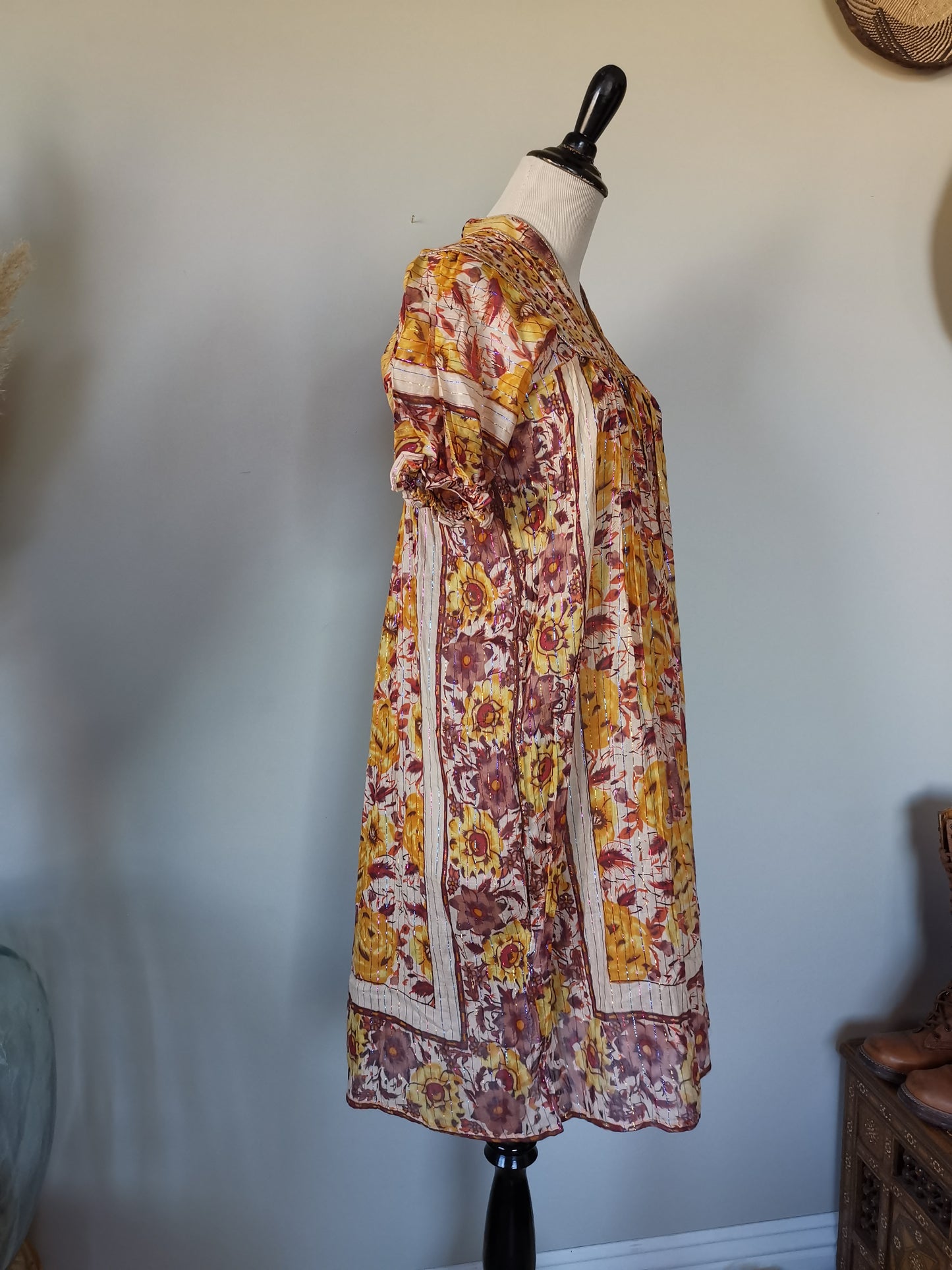 Earthy India yellow/maroon/red/orange Sheer thin cotton gauzy rainbow metallic lurex floral block print short slv tent mini dress S/M