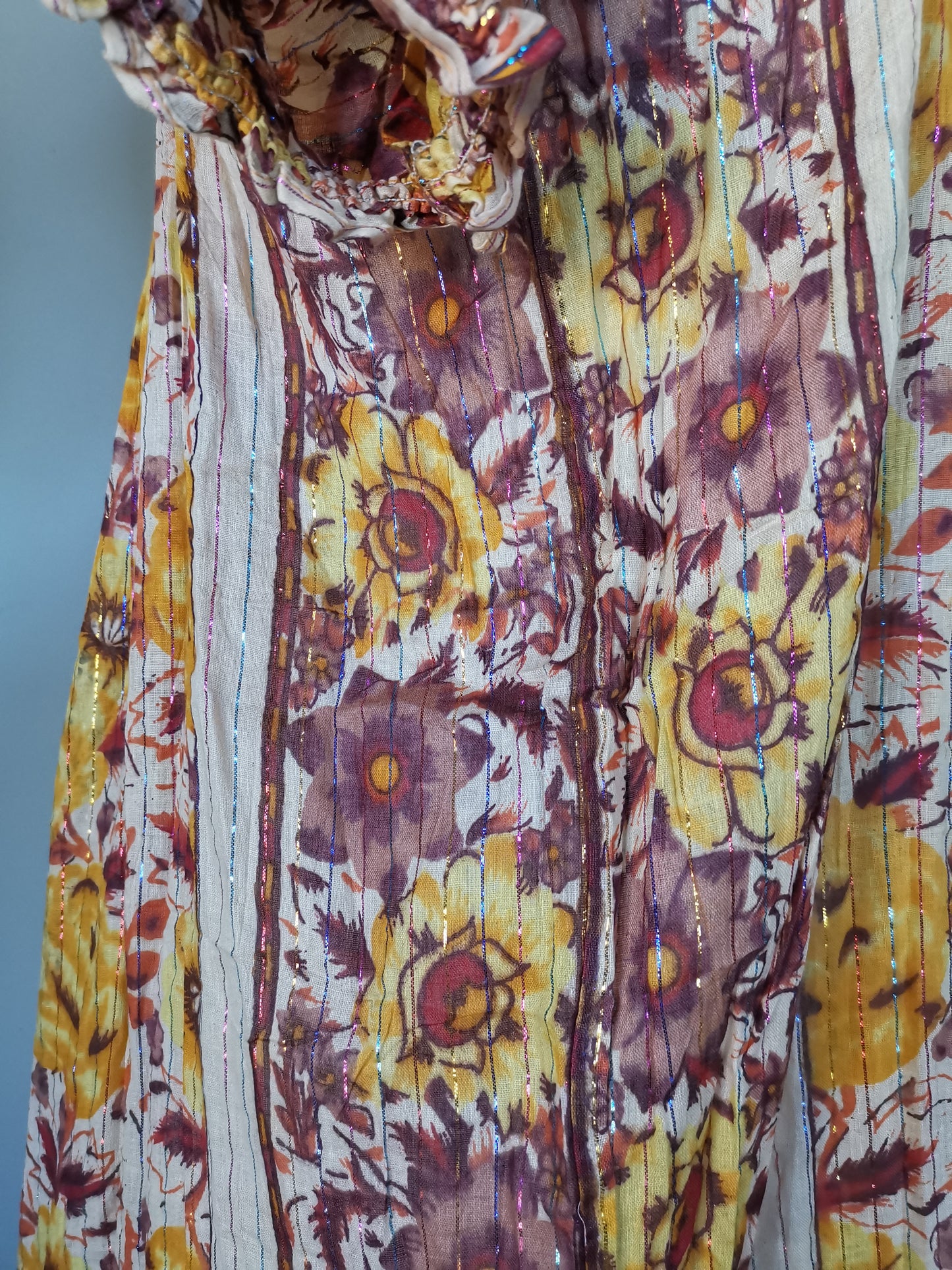 Earthy India yellow/maroon/red/orange Sheer thin cotton gauzy rainbow metallic lurex floral block print short slv tent mini dress S/M