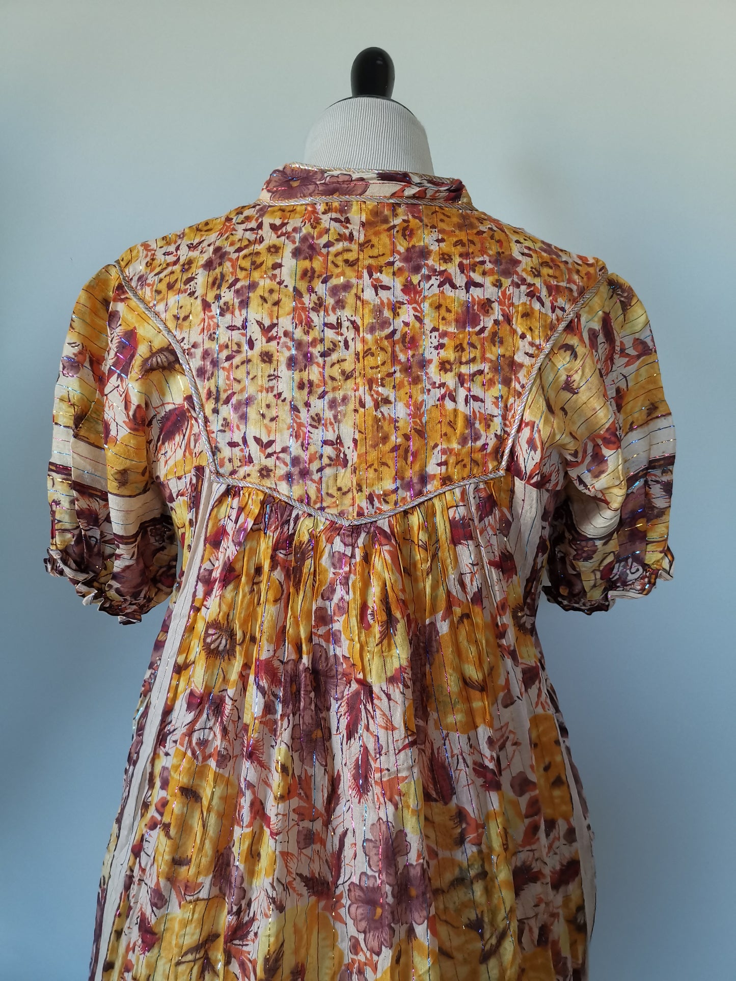 Earthy India yellow/maroon/red/orange Sheer thin cotton gauzy rainbow metallic lurex floral block print short slv tent mini dress S/M